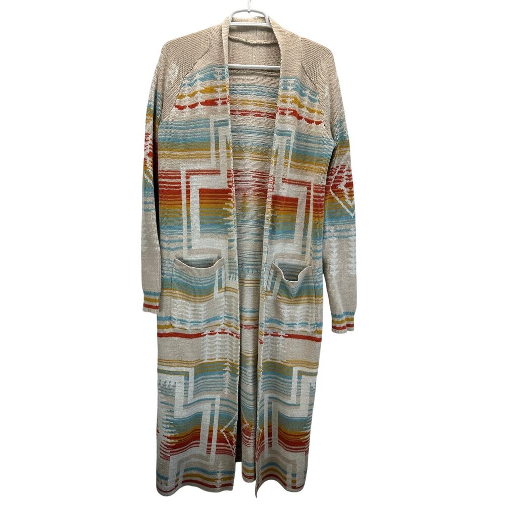 Pendleton Duster Sweater Aztec Cotton Long Line Cardigan Cream Orange Blue M